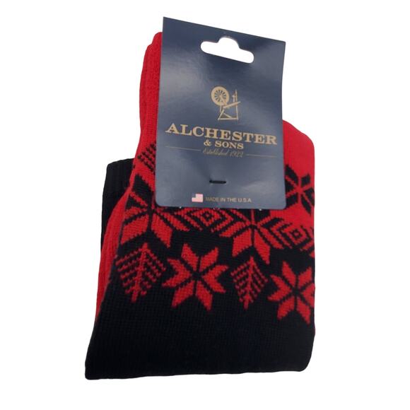 Red Black Snowflake Crew Socks 9-11.5 Merino Wool Blend Alchester Roland Warm - Picture 3 of 5